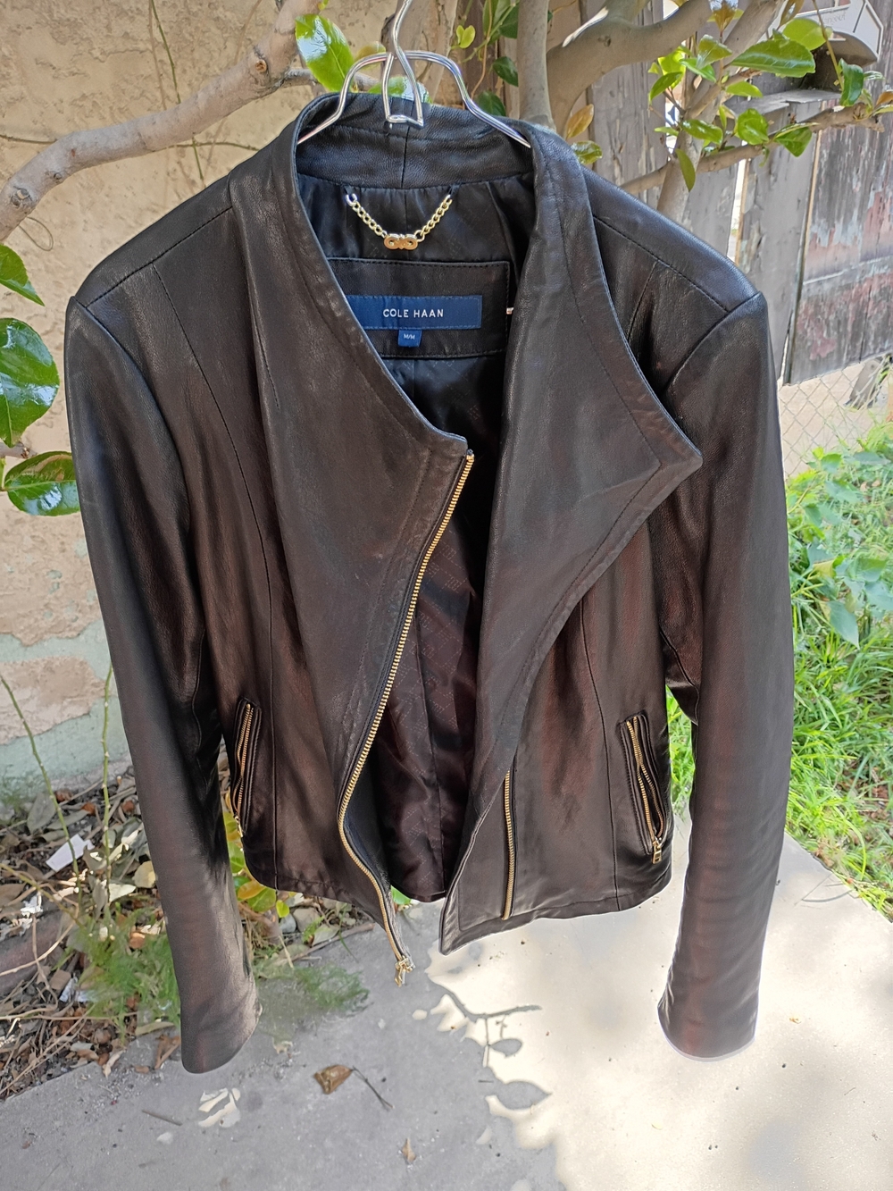 Cole Haan Women's Black Leather Zip Motorcycle Jacket